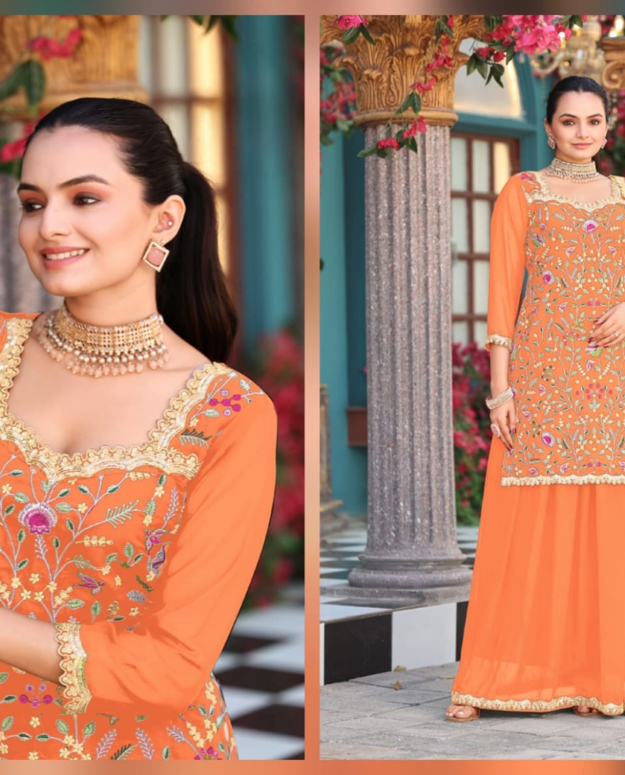 ORANGE - Bright Orange Elegance Sharara Style Suit.